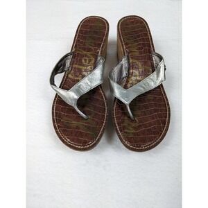 Sam Edelman Romy Platform Sandals Silver Leather 9.5 Cork Wedge Thong Flip Flop